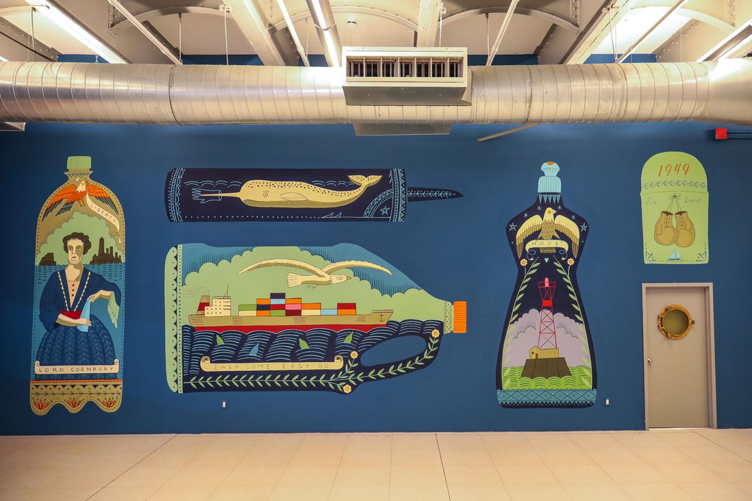 Photos of Duke Riley's new mural in Maritime Battery Building on Governors Island
